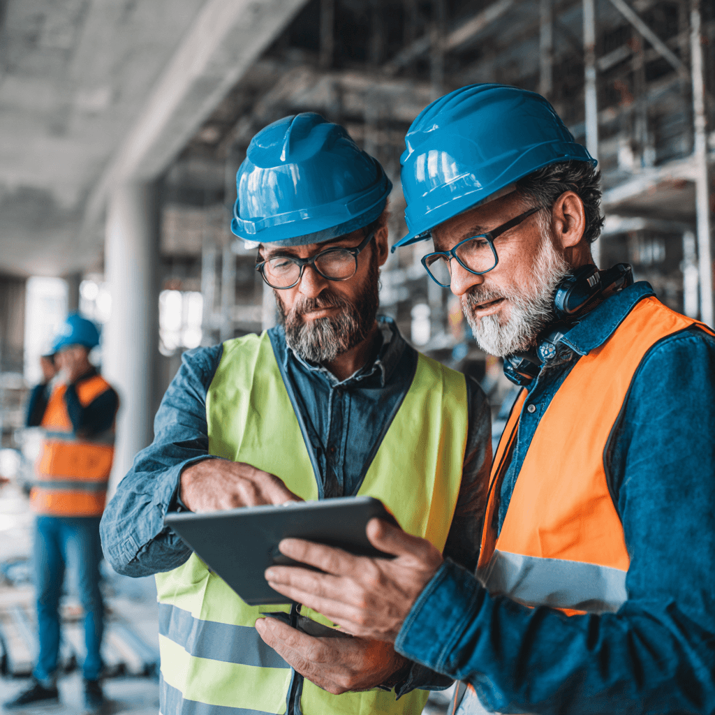 Construction crew pouring concrete on a commercial building project with city skyline in background - professional subcontractors at work